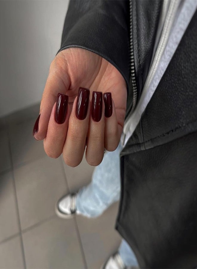 XCREANDO Burgundy Nails Press ons, Press on Nails Medium Square Glue on Nails Short Acrylic Glue on Medium Coffin Nail Gel Fake Nail False for Women, Thick Solid Color 24Pcs - Image 3